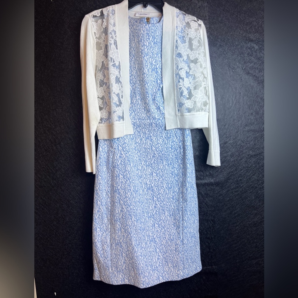 Calvin Klein Blue/White Sleeveless Sheath Pattern Dress with white cardigan